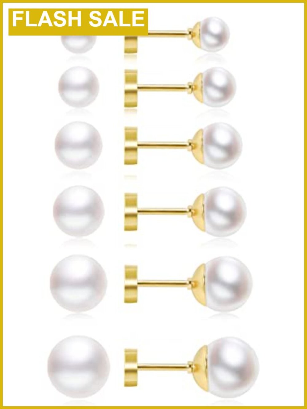 Flat Back Pearl Earrings Set 6 Pairs 14K Gold Stainless Steel Hypoallergenic
